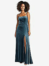 Front View Thumbnail - Dutch Blue Square Neck Velvet Maxi Dress with Front Slit - Drew