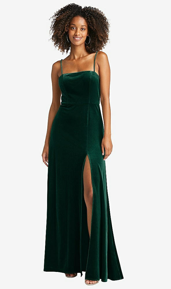 Front View - Evergreen Square Neck Velvet Maxi Dress with Front Slit - Drew