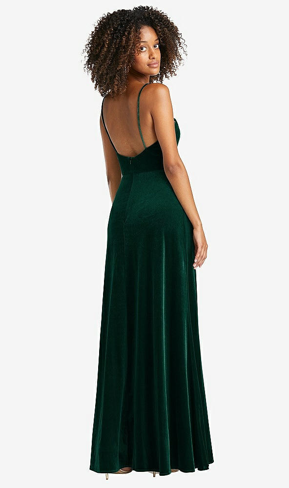 Back View - Evergreen Square Neck Velvet Maxi Dress with Front Slit - Drew