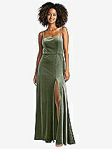 Front View Thumbnail - Sage Square Neck Velvet Maxi Dress with Front Slit - Drew