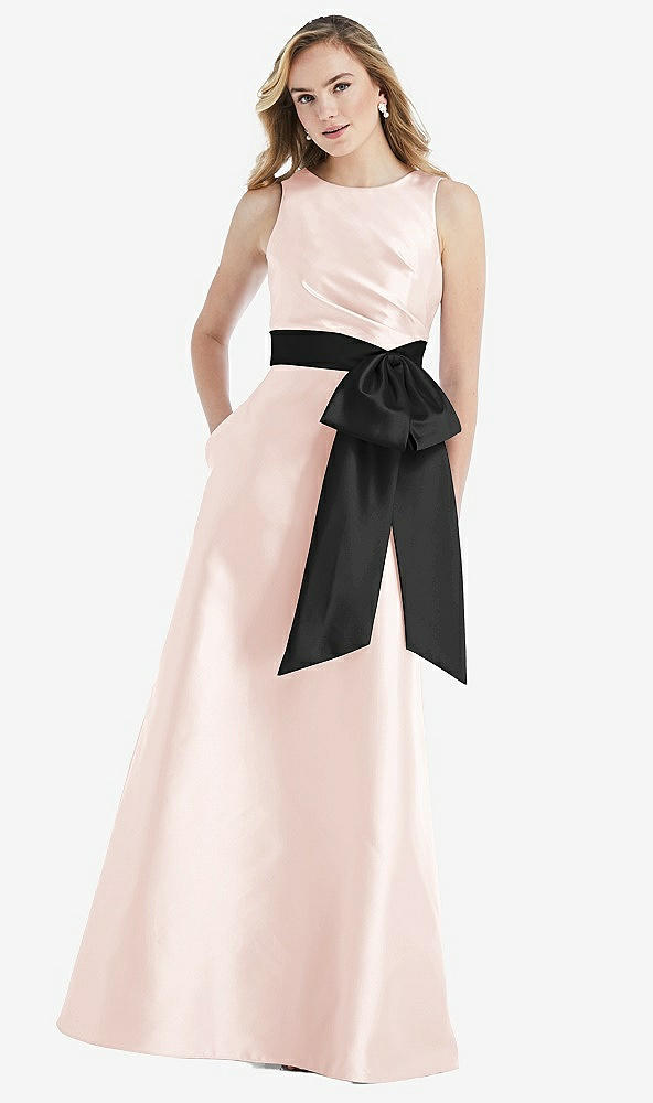 Front View - Blush & Black High-Neck Bow-Waist Maxi Dress with Pockets
