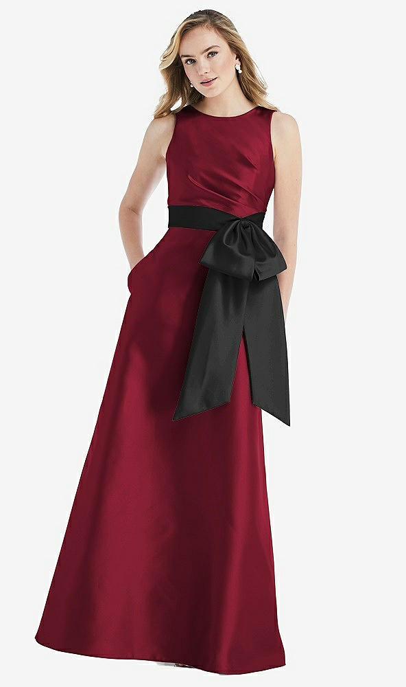 Front View - Burgundy & Black High-Neck Bow-Waist Maxi Dress with Pockets