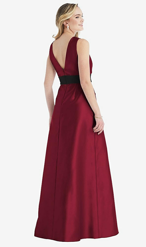 Back View - Burgundy & Black High-Neck Bow-Waist Maxi Dress with Pockets