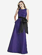 Front View Thumbnail - Grape & Black High-Neck Bow-Waist Maxi Dress with Pockets