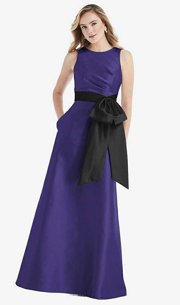 Front View - Grape & Black High-Neck Bow-Waist Maxi Dress with Pockets