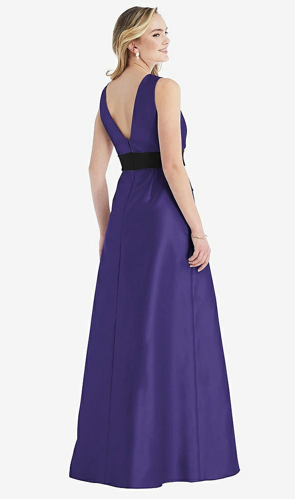 Back View - Grape & Black High-Neck Bow-Waist Maxi Dress with Pockets