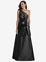 Front View Thumbnail - Black & Black One-Shoulder Bow-Waist Maxi Dress with Pockets