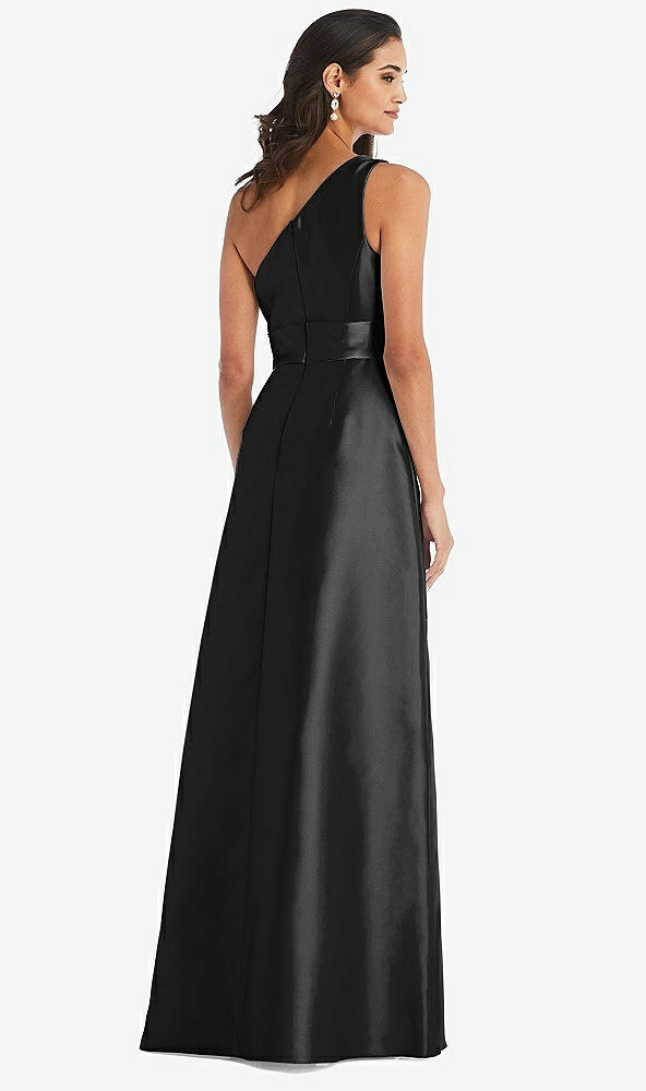 Back View - Black & Black One-Shoulder Bow-Waist Maxi Dress with Pockets