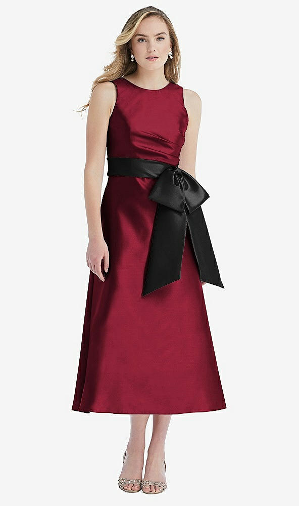 Front View - Burgundy & Black High-Neck Bow-Waist Midi Dress with Pockets
