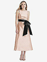 Front View Thumbnail - Cameo & Black High-Neck Bow-Waist Midi Dress with Pockets