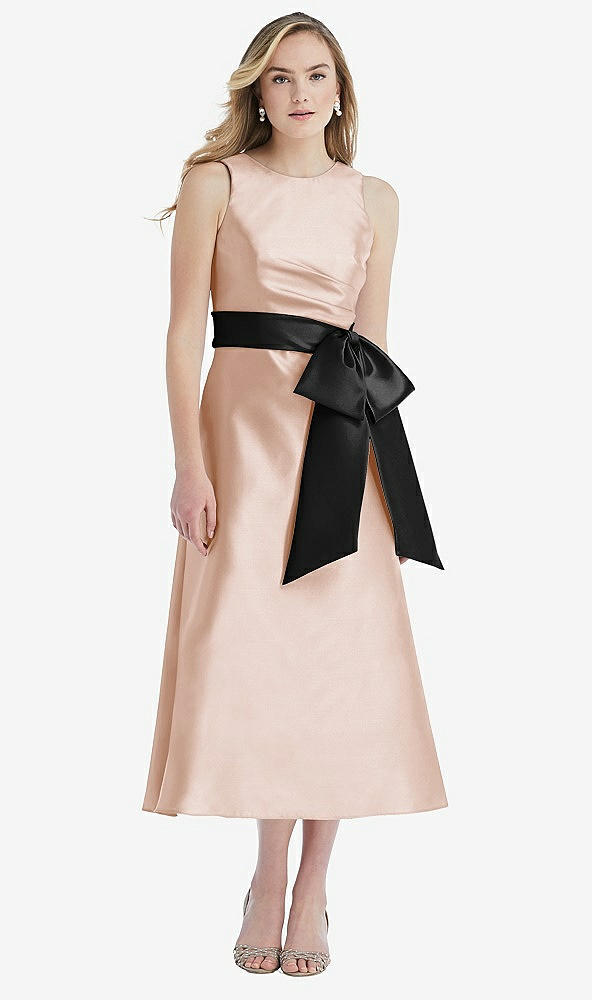 Front View - Cameo & Black High-Neck Bow-Waist Midi Dress with Pockets