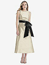 Front View Thumbnail - Champagne & Black High-Neck Bow-Waist Midi Dress with Pockets