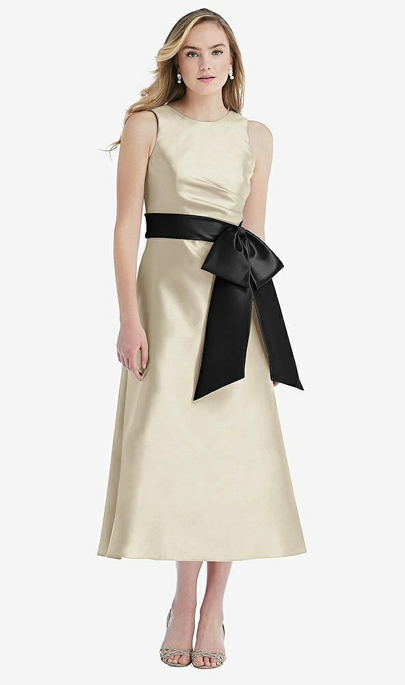 Front View - Champagne & Black High-Neck Bow-Waist Midi Dress with Pockets