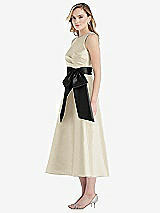 Side View Thumbnail - Champagne & Black High-Neck Bow-Waist Midi Dress with Pockets