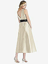 Rear View Thumbnail - Champagne & Black High-Neck Bow-Waist Midi Dress with Pockets