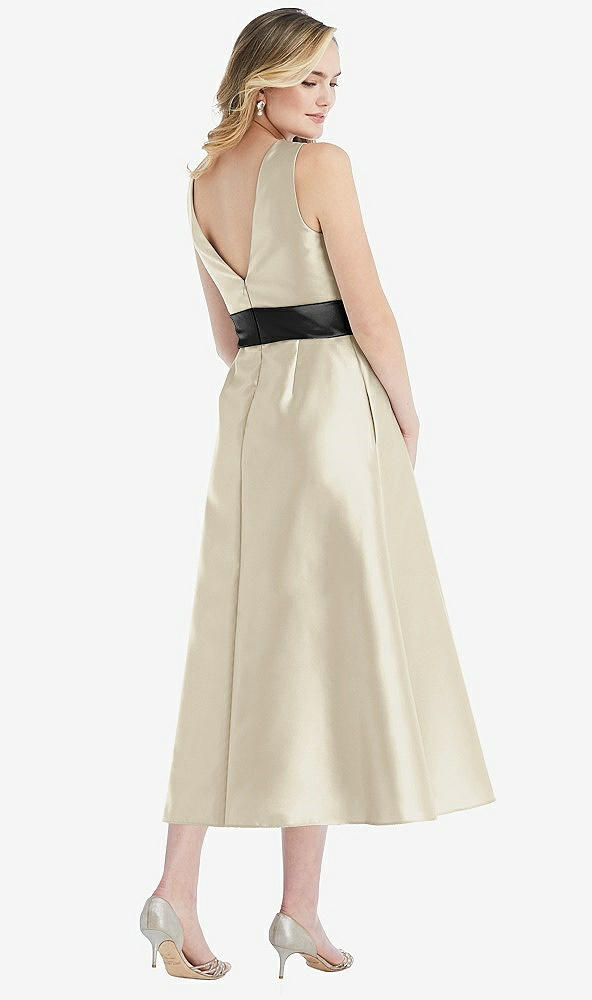 Back View - Champagne & Black High-Neck Bow-Waist Midi Dress with Pockets