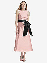 Front View Thumbnail - Rose - PANTONE Rose Quartz & Black High-Neck Bow-Waist Midi Dress with Pockets