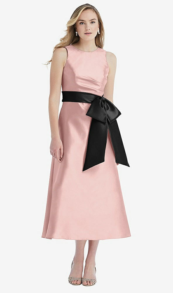 Front View - Rose - PANTONE Rose Quartz & Black High-Neck Bow-Waist Midi Dress with Pockets