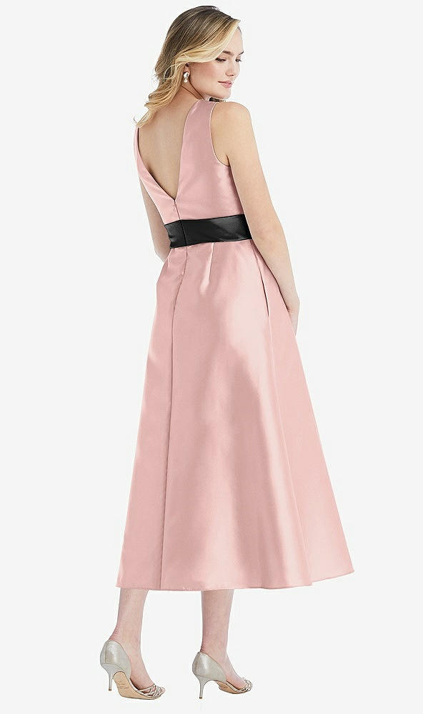 Back View - Rose - PANTONE Rose Quartz & Black High-Neck Bow-Waist Midi Dress with Pockets