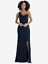Front View Thumbnail - Midnight Navy One-Shoulder Draped Cowl-Neck Maxi Dress