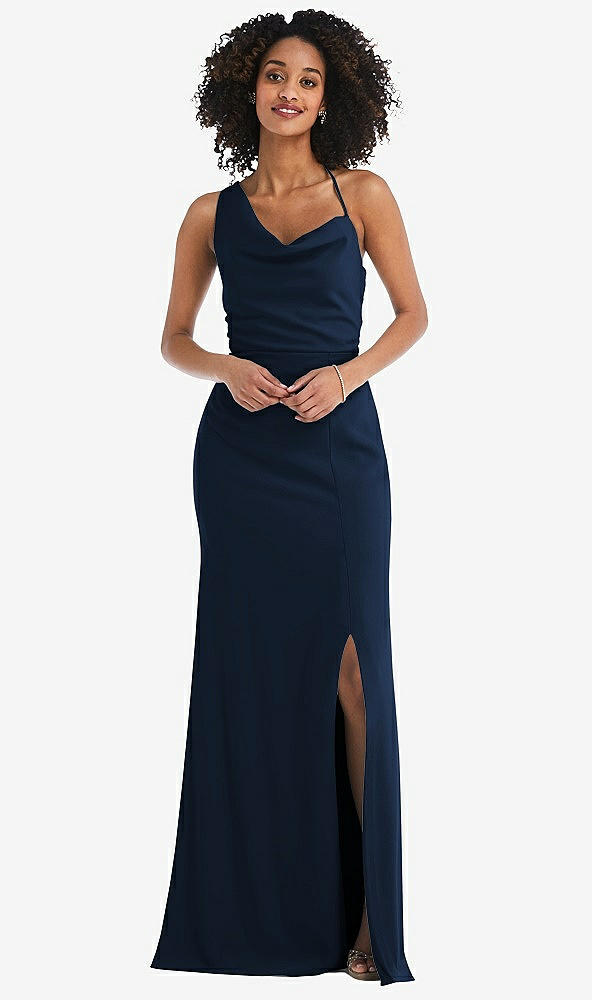 Front View - Midnight Navy One-Shoulder Draped Cowl-Neck Maxi Dress