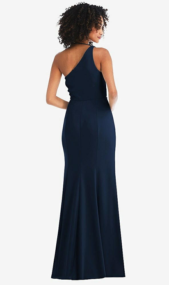Back View - Midnight Navy One-Shoulder Draped Cowl-Neck Maxi Dress