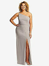 Front View Thumbnail - Taupe Skinny One-Shoulder Trumpet Gown with Front Slit