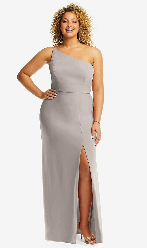 Front View - Taupe Skinny One-Shoulder Trumpet Gown with Front Slit