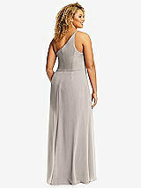 Rear View Thumbnail - Taupe Skinny One-Shoulder Trumpet Gown with Front Slit