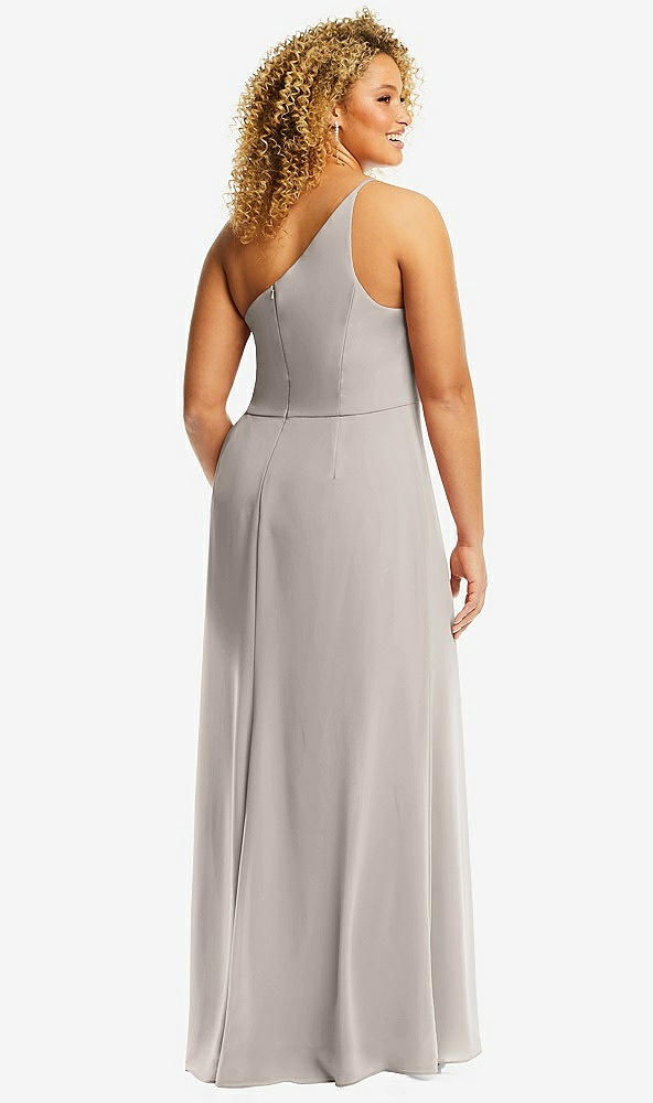 Back View - Taupe Skinny One-Shoulder Trumpet Gown with Front Slit