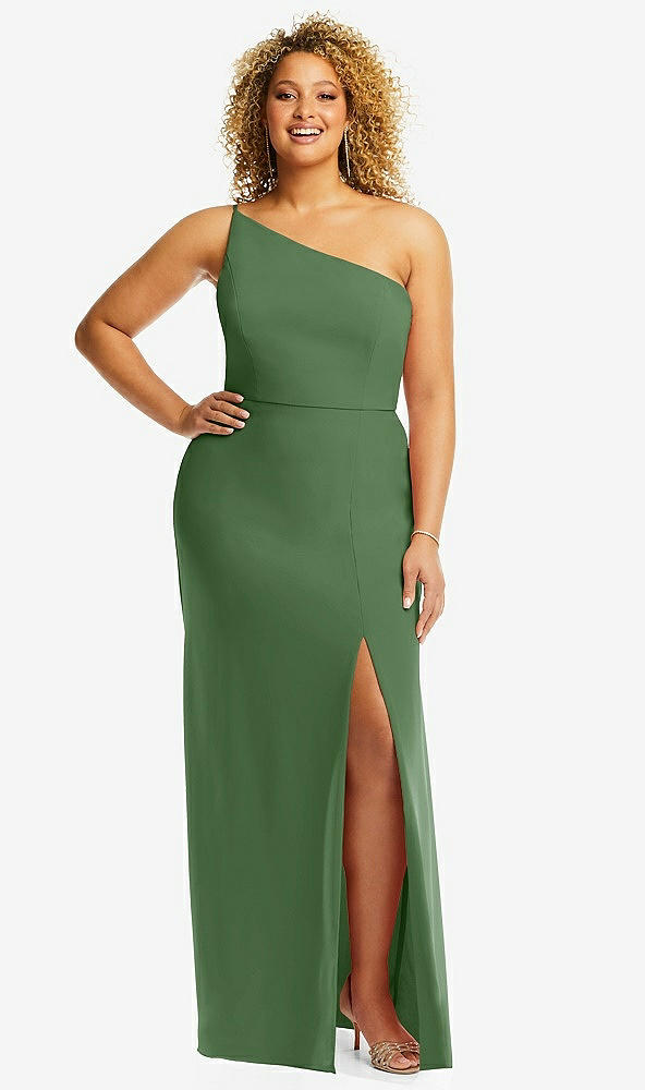 Front View - Vineyard Green Skinny One-Shoulder Trumpet Gown with Front Slit