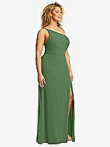 Side View Thumbnail - Vineyard Green Skinny One-Shoulder Trumpet Gown with Front Slit