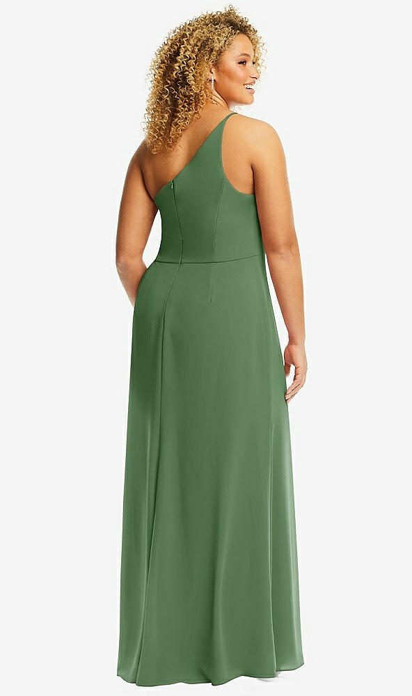 Back View - Vineyard Green Skinny One-Shoulder Trumpet Gown with Front Slit