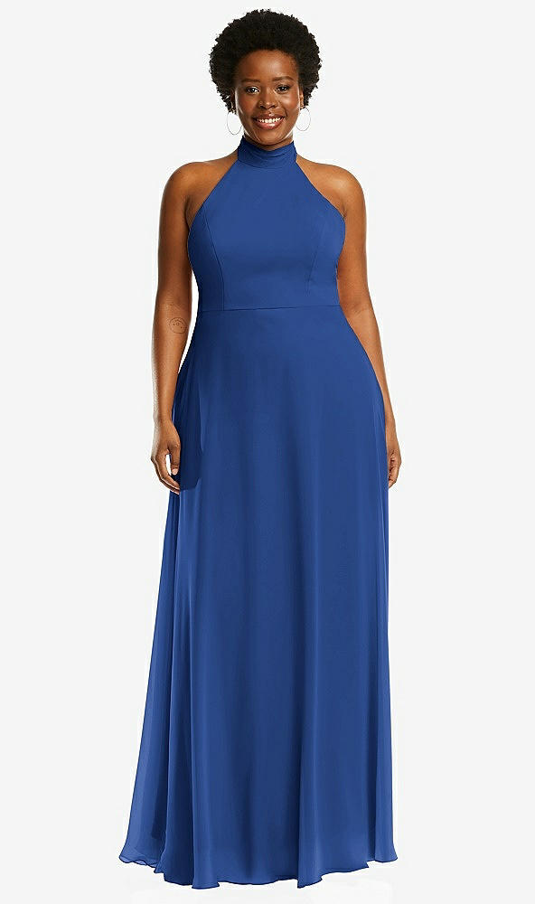 Front View - Classic Blue High Neck Halter Backless Maxi Dress