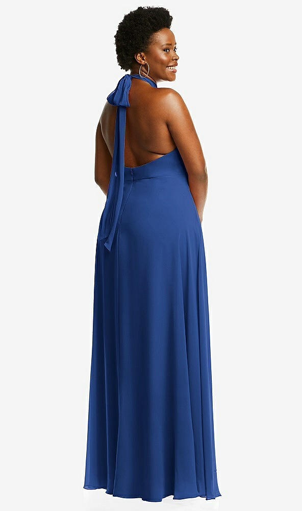 Back View - Classic Blue High Neck Halter Backless Maxi Dress
