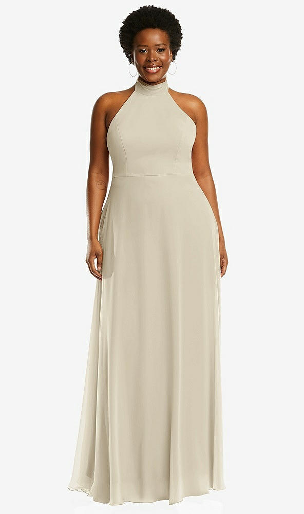 Front View - Champagne High Neck Halter Backless Maxi Dress