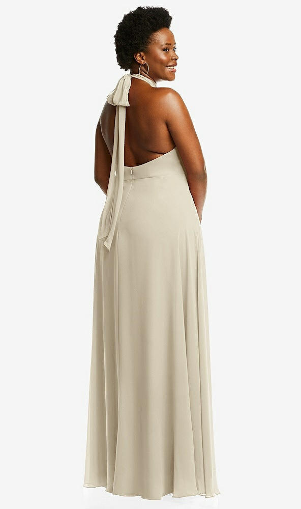 Back View - Champagne High Neck Halter Backless Maxi Dress