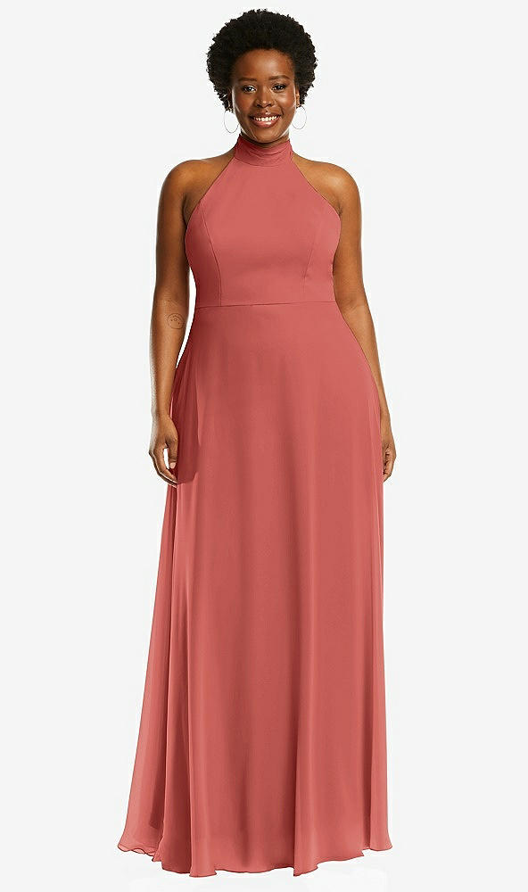 Front View - Coral Pink High Neck Halter Backless Maxi Dress