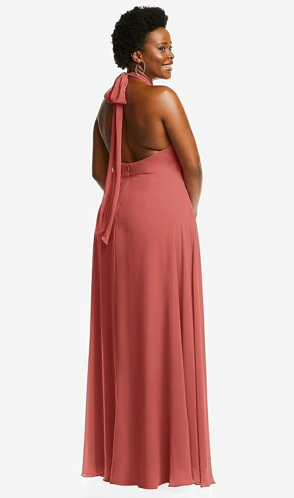 Back View - Coral Pink High Neck Halter Backless Maxi Dress