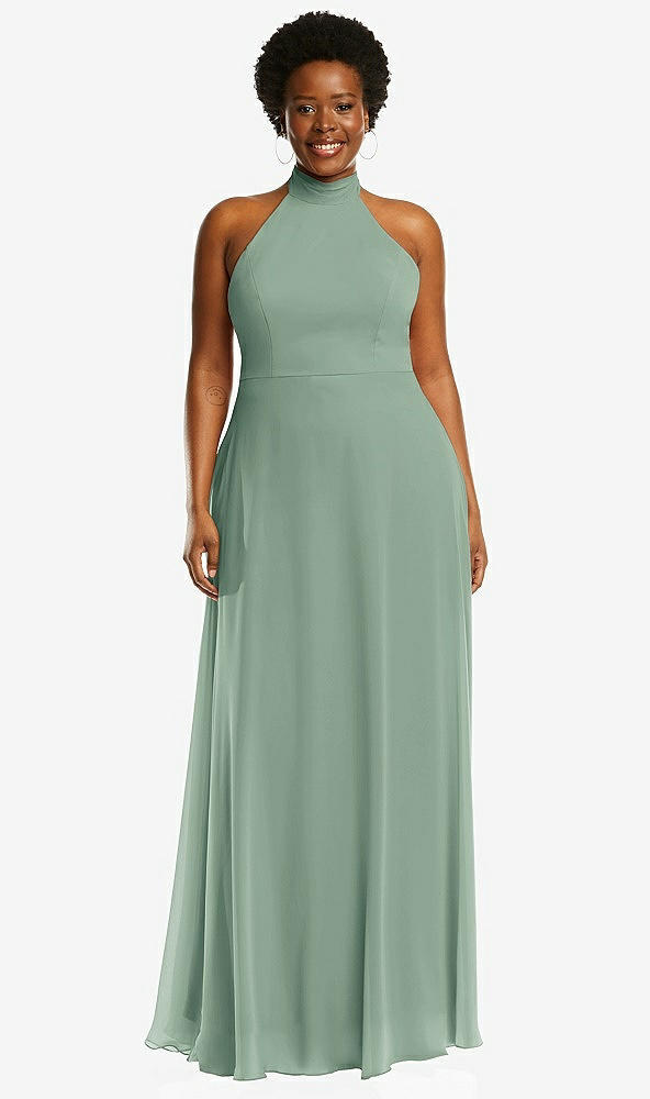 Front View - Seagrass High Neck Halter Backless Maxi Dress