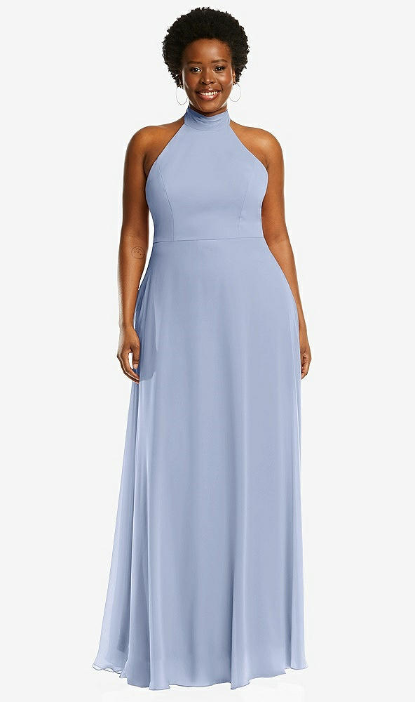 Front View - Sky Blue High Neck Halter Backless Maxi Dress