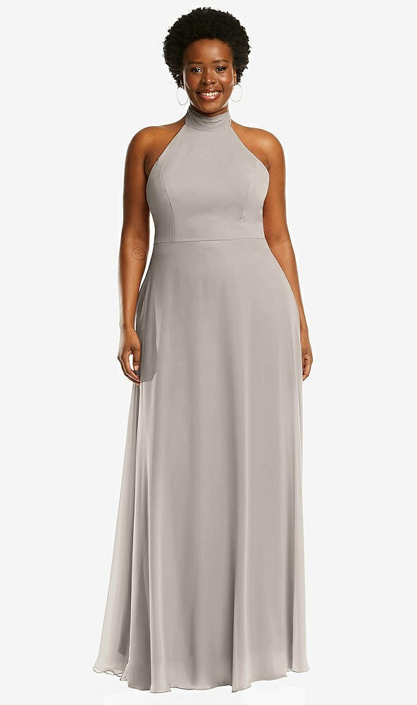 Front View - Taupe High Neck Halter Backless Maxi Dress