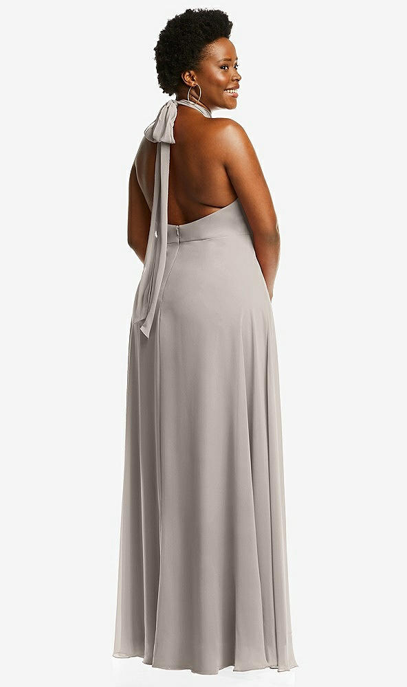 Back View - Taupe High Neck Halter Backless Maxi Dress