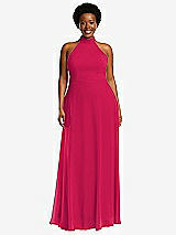 Front View Thumbnail - Vivid Pink High Neck Halter Backless Maxi Dress