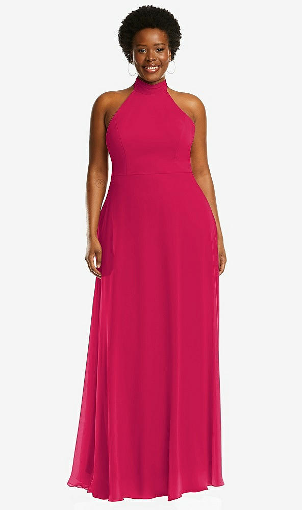 Front View - Vivid Pink High Neck Halter Backless Maxi Dress