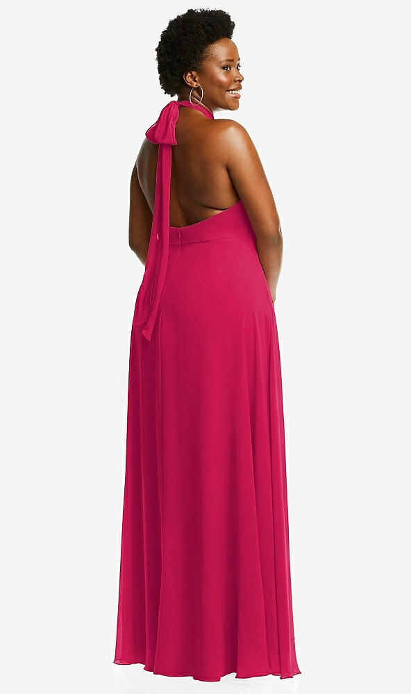 Back View - Vivid Pink High Neck Halter Backless Maxi Dress