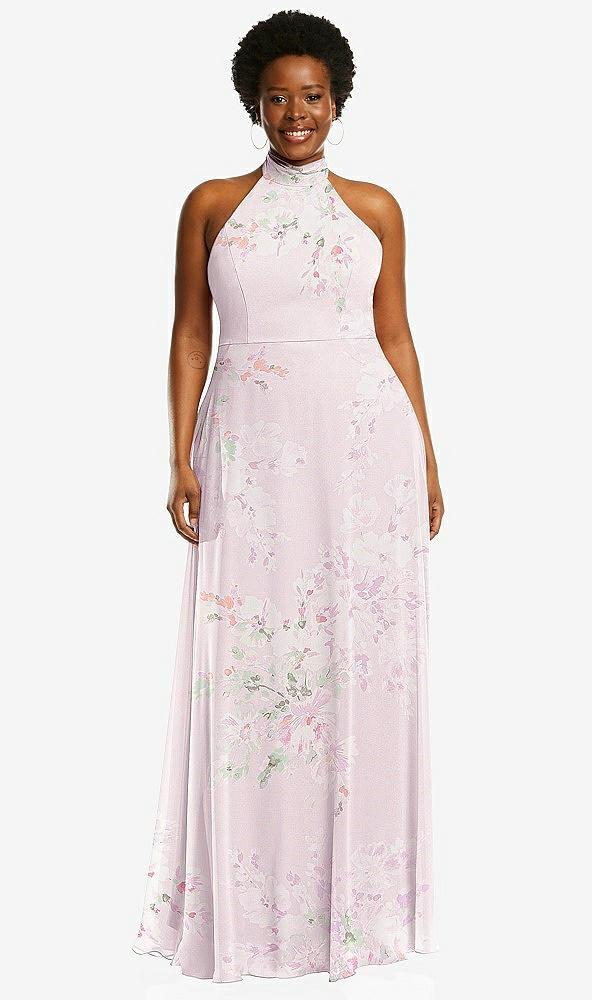 Front View - Watercolor Print High Neck Halter Backless Maxi Dress