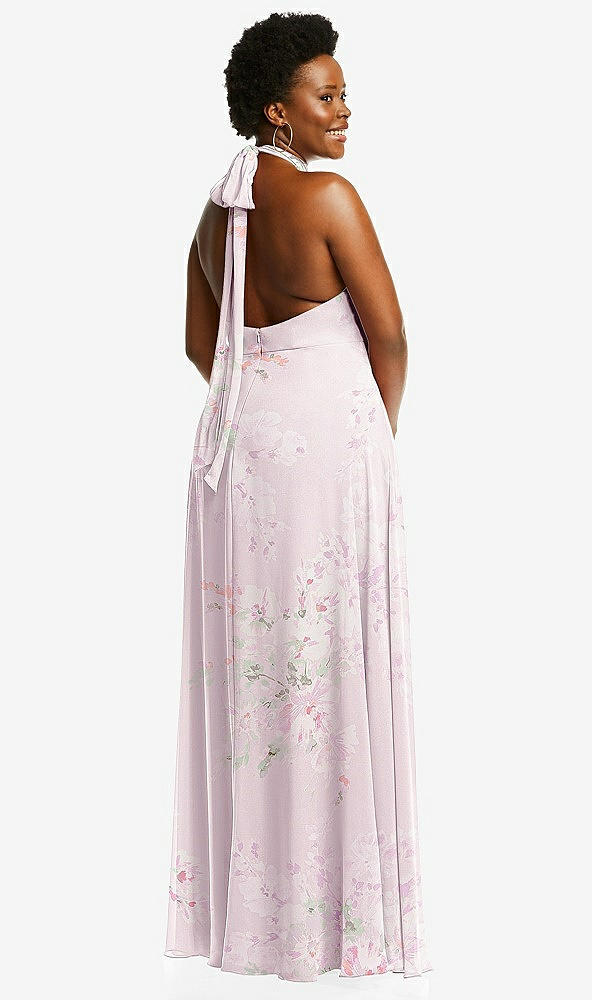 Back View - Watercolor Print High Neck Halter Backless Maxi Dress