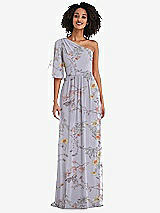Front View Thumbnail - Butterfly Botanica Silver Dove One-Shoulder Bell Sleeve Chiffon Maxi Dress