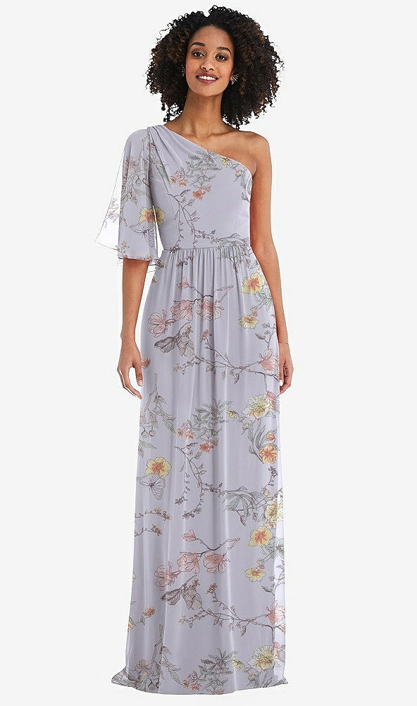 Front View - Butterfly Botanica Silver Dove One-Shoulder Bell Sleeve Chiffon Maxi Dress